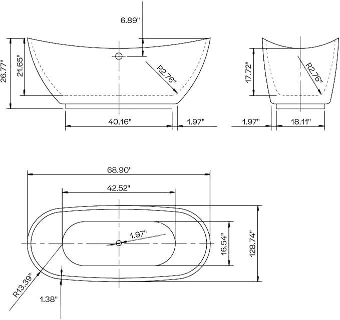 Empava 69" Freestanding Tub, Acrylic Contemporary Soaking White Tub - Image 2