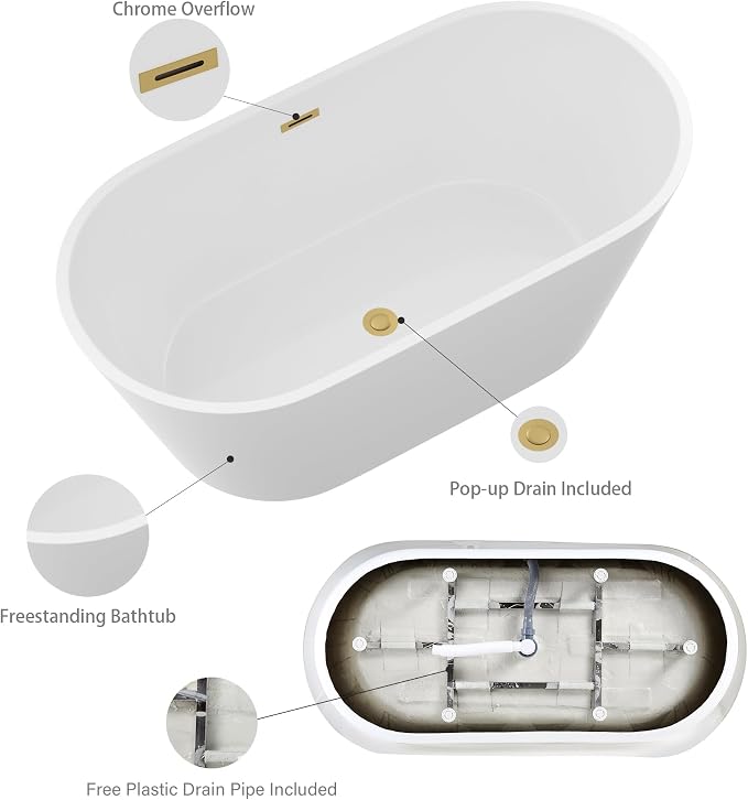 Logmey 59 In White Acrylic Freestanding Bathtub Oval Shape Soaking Tub - Image 6