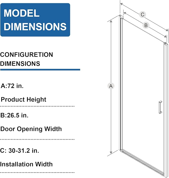 30” x 72” Pivot Shower Door, 1/4 inch Thick Tempered Glass Pivot Swing Shower - Image 8