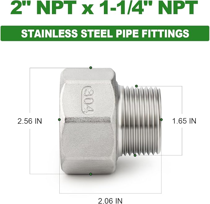 TAISHER 1PCS 304 Stainless Steel Pipe Fitting, 1-1/4" NPT Male x 2" NPT Female - Image 2
