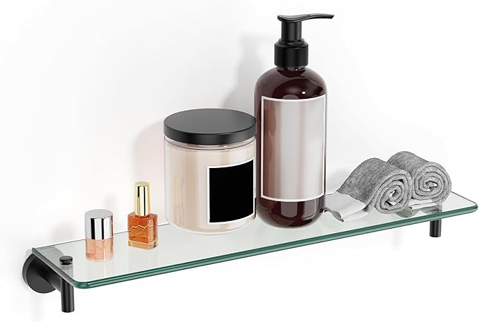 Glass Shelves for Bathroom, 20-Inch Matte Black Floating Bathroom Shelf by HOMELIFE