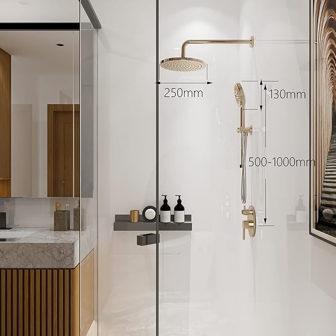 Brushed Gold Shower Faucet Set, Wall Mount Rain Shower System 10 Inches Shower - Image 7