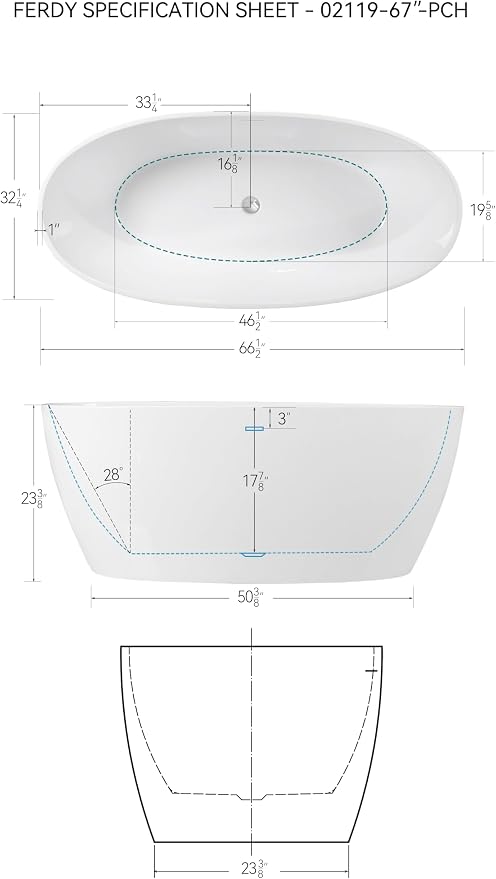 FerdY Tahiti 67" Freestanding Bathtub Elegant Oval Shape, Glossy White Double - Image 7