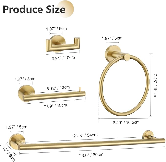 TNOMS 5-Piece Towel Bar Set Brushed Gold Bathroom Hardware Accessories Set - Image 6