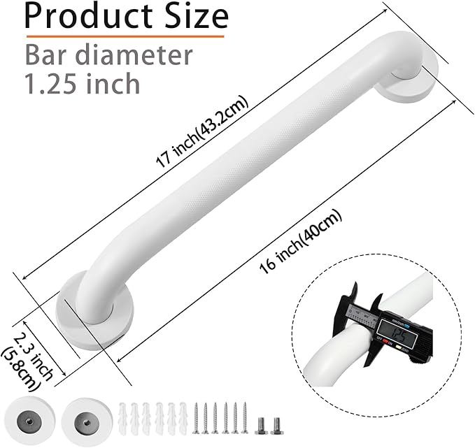 Shower Grab Bar, 2 Pack 16 Inch White Bathroom Grab Bar, 1.25" Diameter 304 - Image 2