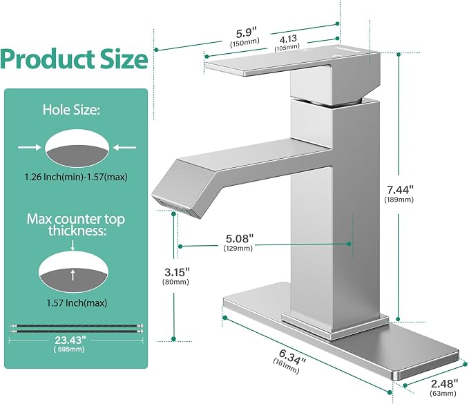 Single Handle Bathroom Faucets, HURRAN Brushed Nickel Bathroom Sink Faucet - Image 2