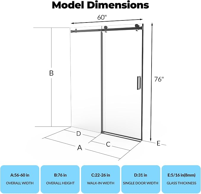 56-60 Inch Wide x 76 Inch High Frameless Sliding Shower Door, 5/16" - Image 2