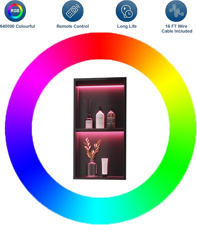 2-Tiers 12x24 Shower Niche, RGB LED Light Strips, Matte Black Wall Cabinet Shlef - Image 4