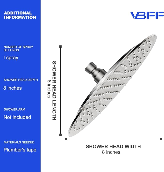 VBFF-Shower Head, rain shower head, 8 inch- Round Shower Head, 1.8 GPM Flow Rate - Image 6
