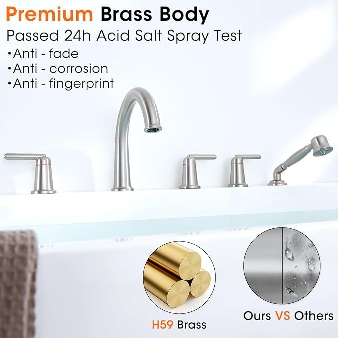 Roman Tub Faucet with Sprayer and Valve, 3 Handle 5 Hole Widespread Deck Mount - Image 9
