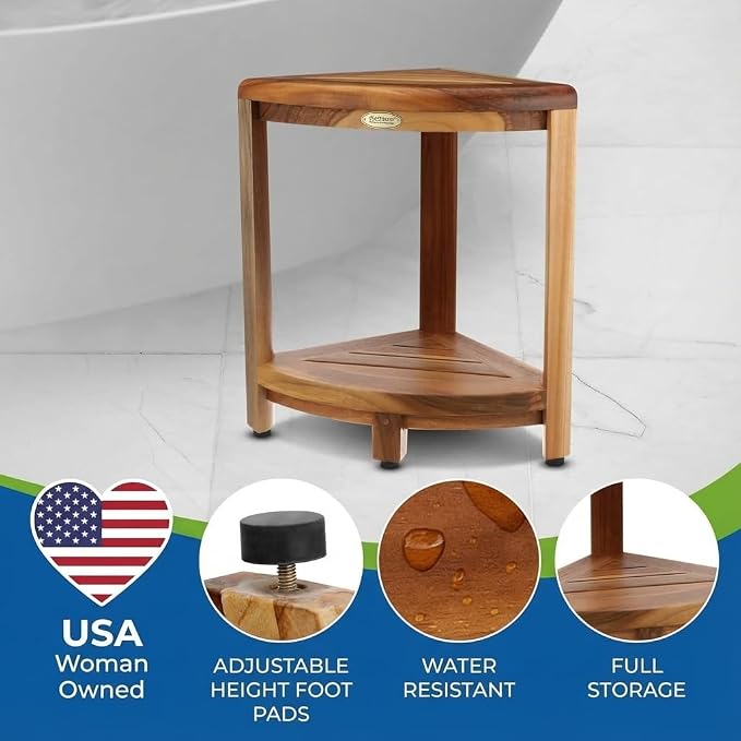 EcoDecors Fully Assembled SnazzyCorner® 18" Teak Shower Bench, Corner Shower - Image 2