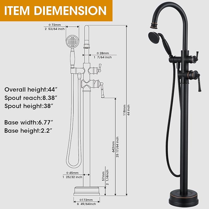 Freestanding Tub Faucet, Floor Mount Tub Faucet Oil Rubbed Bronze High Flow Tub - Image 5