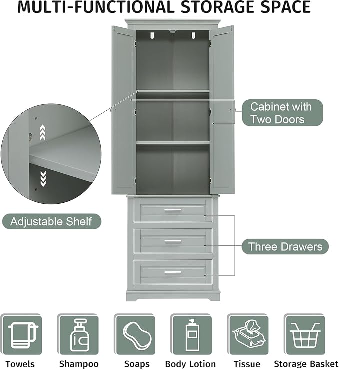 Tall Storage Cabinet with Doors, and Adjustable Shelves, Wood Narrow Storage - Image 4