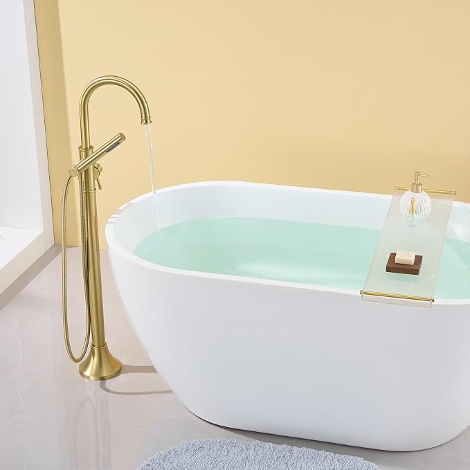 Free Standing Tub Faucet Brushed Gold Freestanding Bathtub Faucet Floor Mount - Image 4