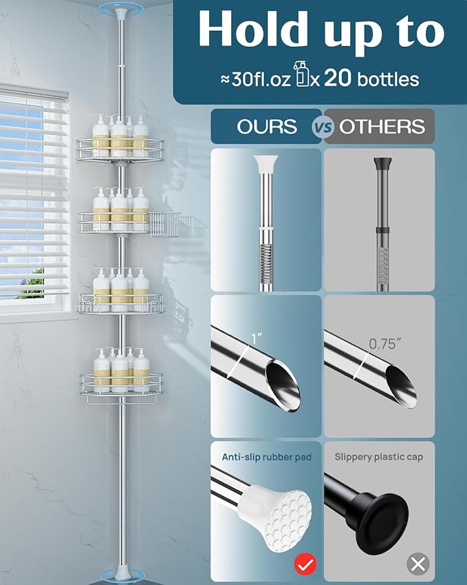 SEIRIONE Corner Shower Caddy Tension Pole, Quick Setup, Rust-Free Bathroom - Image 5