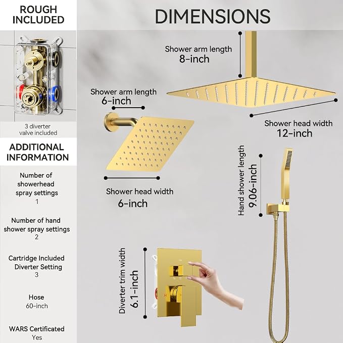 Brushed Gold Shower System, STARBATH 12+6" Rain Shower Head and Handle Set - Image 5
