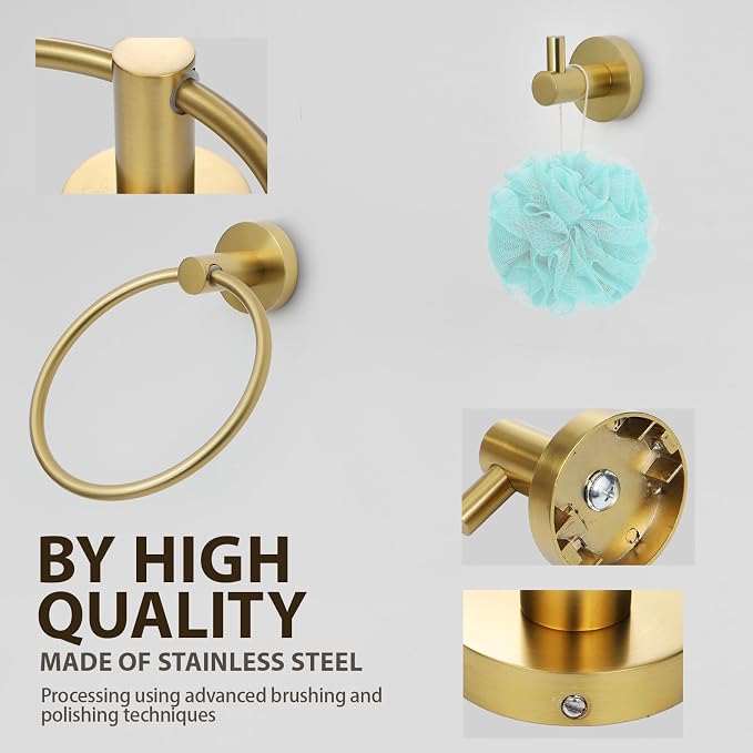 Brushed Gold Bathroom Hardware Set 4 Piece Towel bar Set, Towel Rack - Image 7