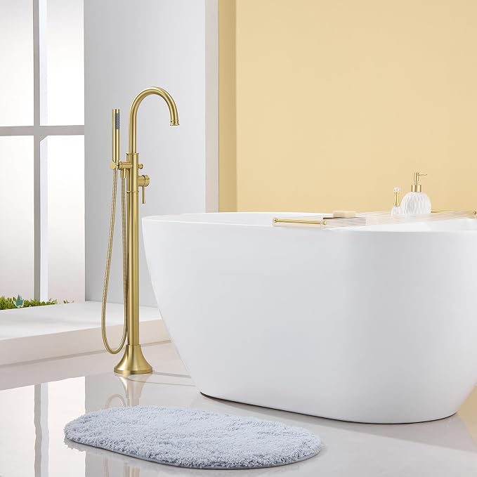 Free Standing Tub Faucet Brushed Gold Freestanding Bathtub Faucet Floor Mount - Image 3