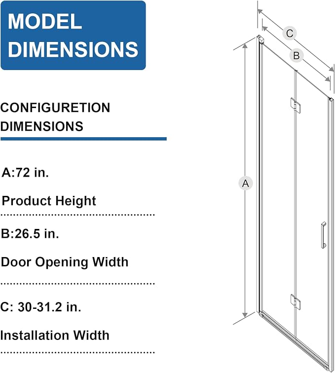 30 in.W x 72 in.H Bifold Frameless Glass Shower Door 1/4” Tempered Clear Glass - Image 8