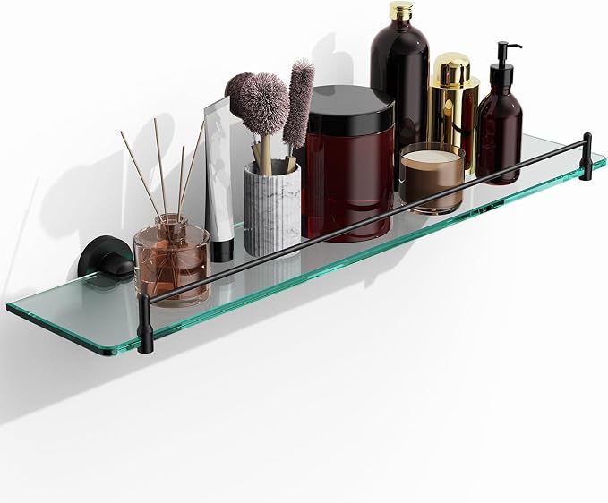 24 Inch Glass Bathroom Shelves, Matte Black Floating Shelves by HOMELIFE