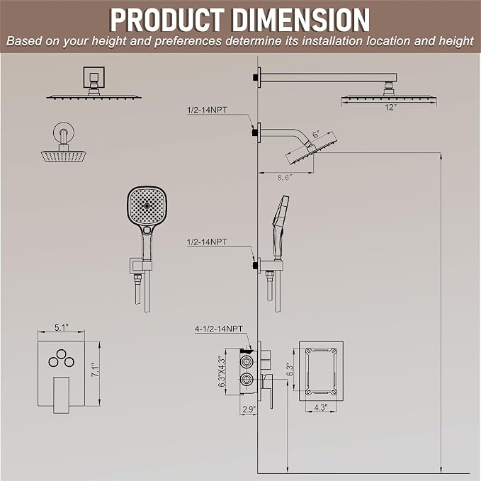 Shower Faucet Set Brushed Gold Shower System, Push Button Diverter 3-Way Shower - Image 6