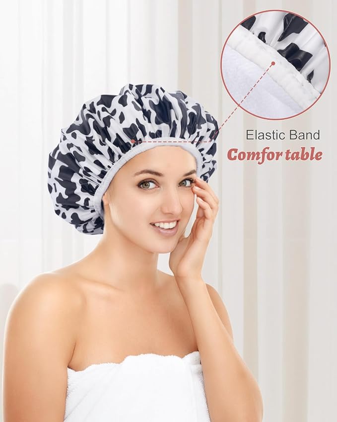 Auban Shower Cap, Shower Cap for Women Terry Cloth Lined EVA Exterior Reusable - Image 5