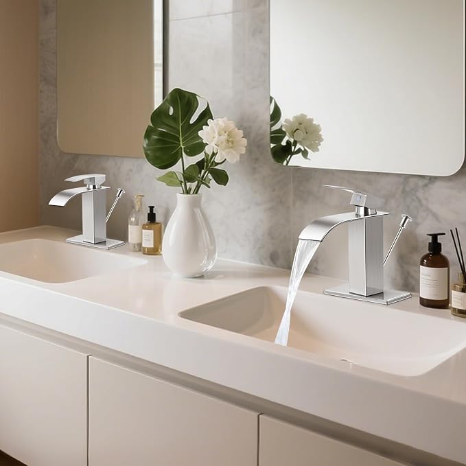 Bathroom Faucets with Lift Rod Drain Brushed Nickel Waterfall Bathroom Sink - Image 7