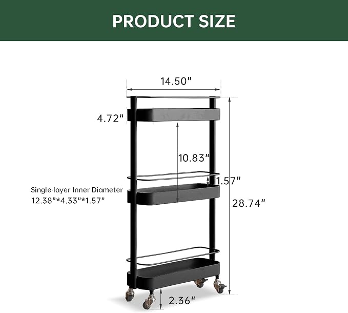 Rolling Storage Cart, 3 Tier Bathroom Organizer Mobile Shelving Unit, Metal - Image 2