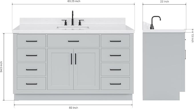 ARIEL Hepburn 60" Grey Bathroom Vanity, 1.5" Edge Carrara Quartz Countertop & - Image 2