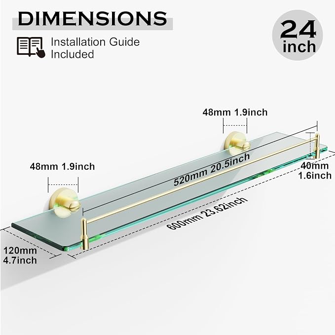 24 Inch Glass Bathroom Shelves, Brushed Gold Floating Shelves - Image 3