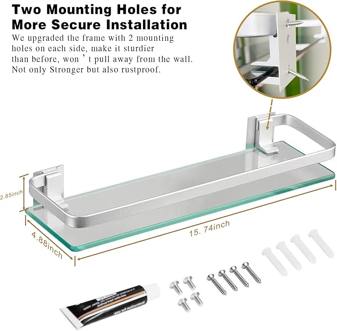VOLPONE Bathroom Wall Shelf 15.7in Bathroom Glass Shelves Wall Mount Glass - Image 2