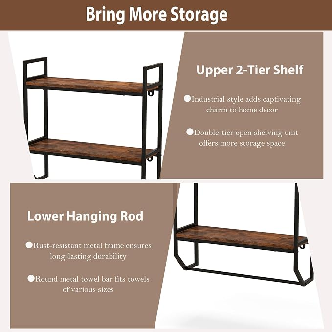 POWERSTONE 2-Tier Bathroom Towel Rack Industrial Wall Mounted Shelf - Image 6