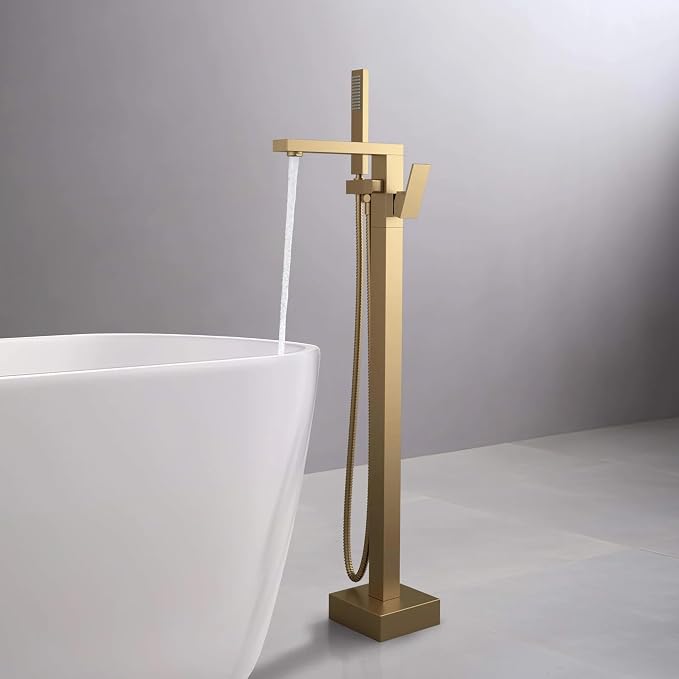 KIBI Cube Brushed Brass Freestanding Bathtub Faucet Floor‑Mounted Brass Tub - Image 2