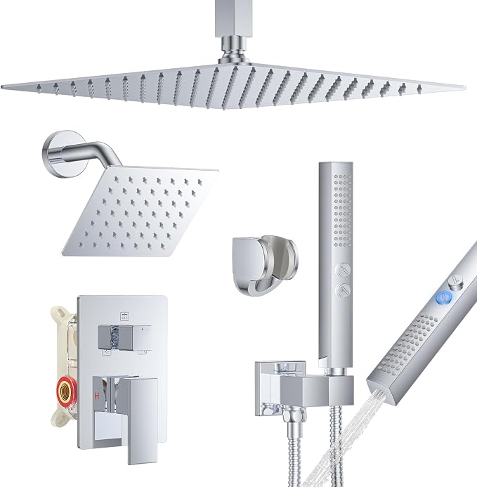 Chrome Shower Faucet Set, Ceiling Mount Shower System 12" & 6" Dual Shower Head by FAROLAN