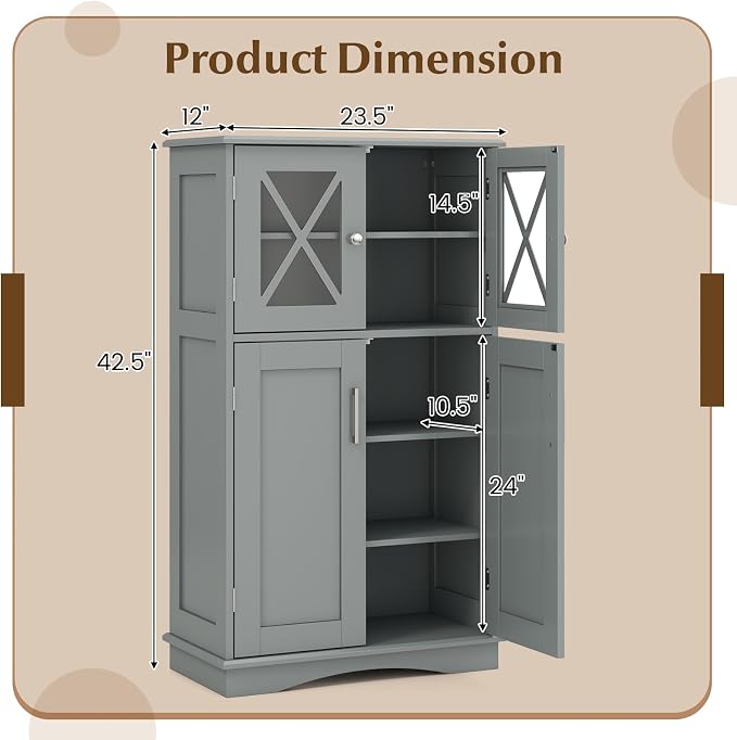 Tangkula Freestanding Floor Cabinet w/2 Glass Doors, 3-Level Adjustable Shelves - Image 3