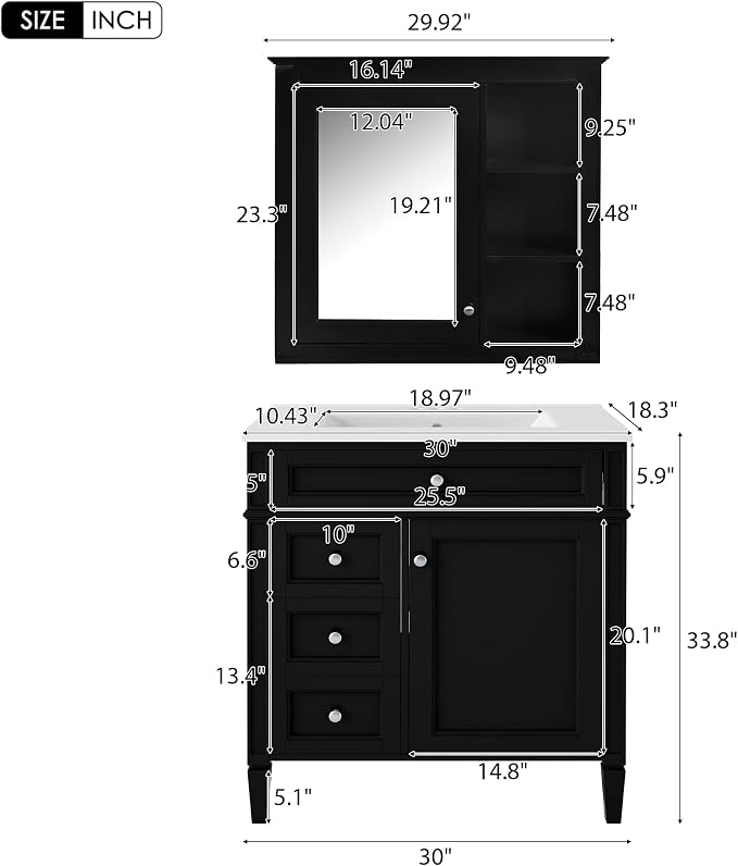 30" Bathroom Vanity with Matching Medicine Cabinet, Modern Sink Storage Cabinet - Image 2