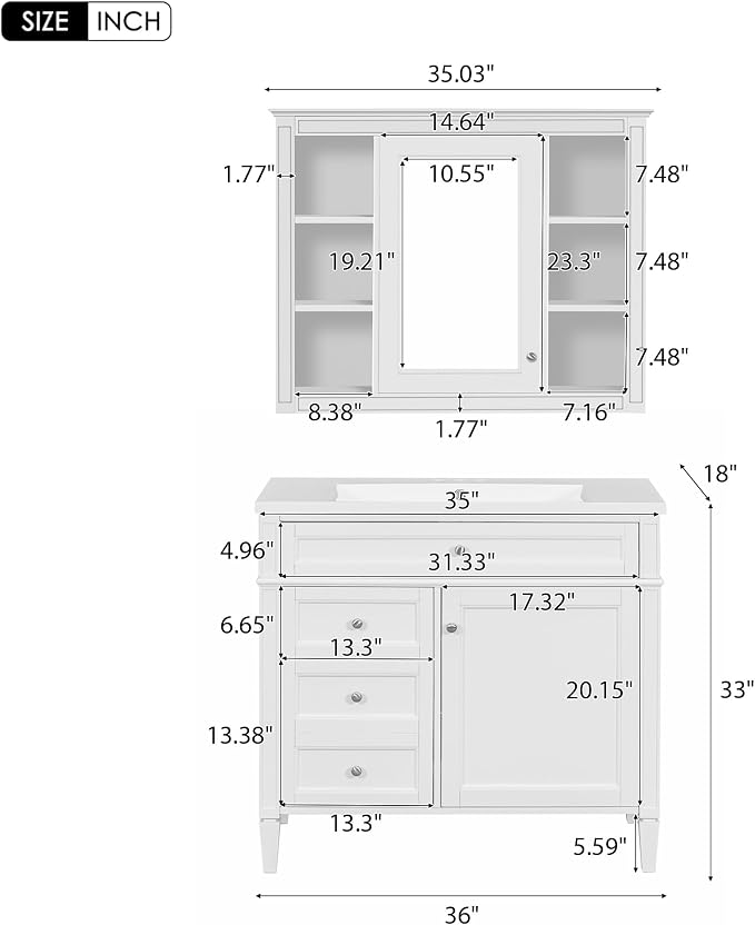 36" Bathroom Vanity with Matching Medicine Cabinet, Modern Sink Storage Cabinet - Image 2