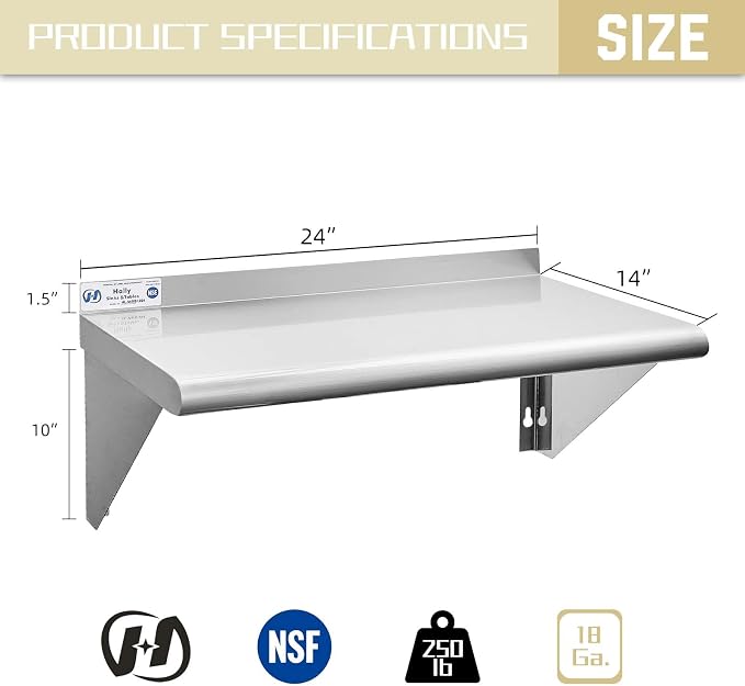 Hally Stainless Steel Shelf 14 x 24 Inches 250 lb Commercial Wall Mount - Image 3