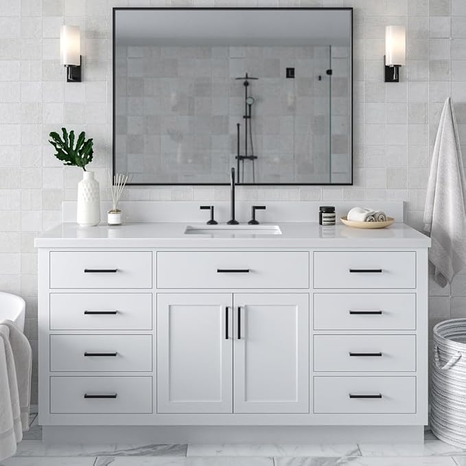 ARIEL 67" White Bathroom Vanity, 1.5" Edge Pure White Quartz Countertop & Splash by Ariel