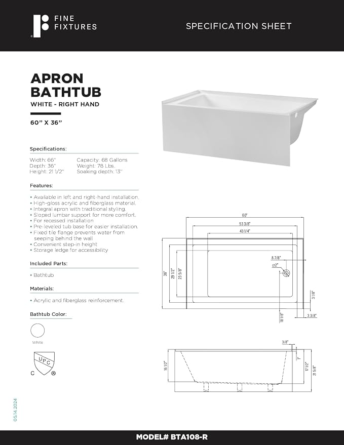 Fine Fixtures Acrylic, Fiberglass Alcove Soaking Bathtub - Image 9