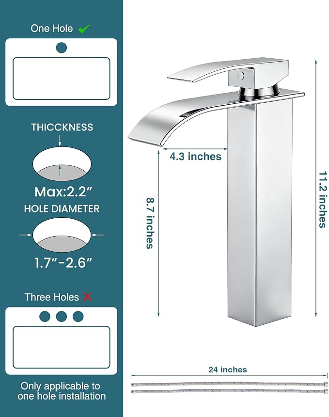 LIFG Chrome Vessel Sink Faucet, Tall Waterfall Bathroom Faucet, Single Handle - Image 4