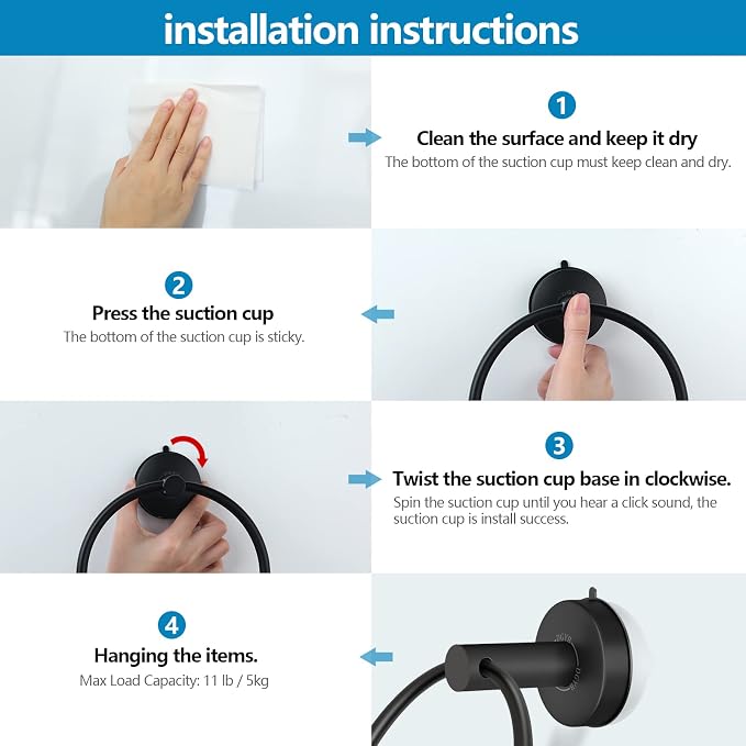 DGYB Suction Cup Towel Ring Matte Black Hand Towel Holder - Image 6