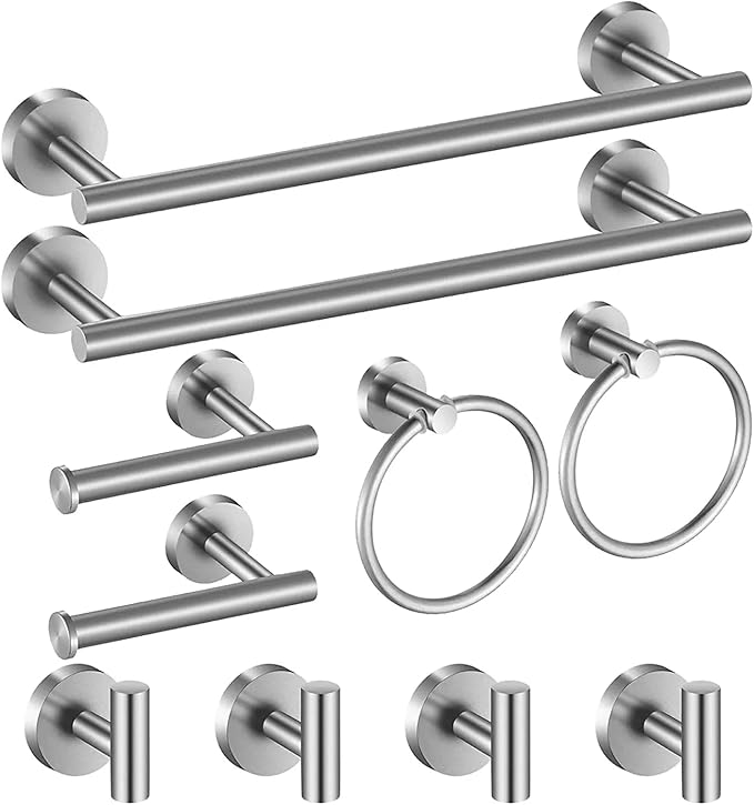 Bathroom Hardware Set Brushed Nickel, 24 Inch Towel Bar Set 10 Pieces Bathroom by Hinmood