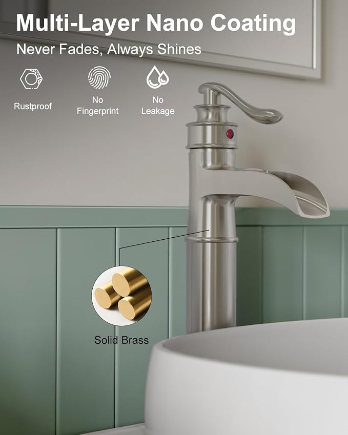 BWE Waterfall Vessel Sink Faucet Brushed Nickel Bathroom Faucet Single Handle - Image 5
