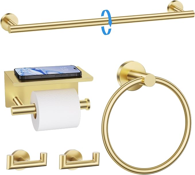 TNOMS 5-Piece Towel Bar Set Brushed Gold Bathroom Hardware Accessories Set by TNOMS