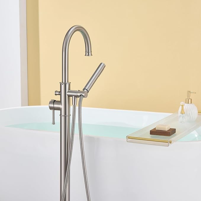 Free Standing Tub Faucet Brushed Nickel Freestanding Bathtub Faucet Floor Mount - Image 8