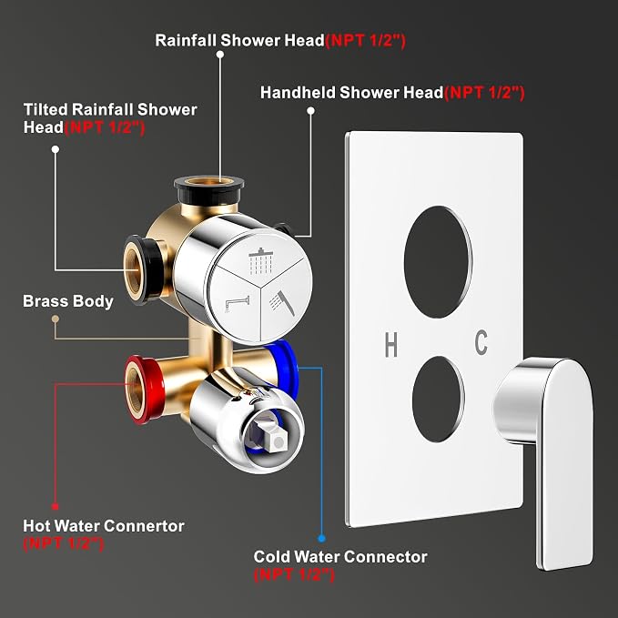 Shower Faucet Set, 3-Setting Push Button Polish Chrome Shower System, 12 Inch - Image 6
