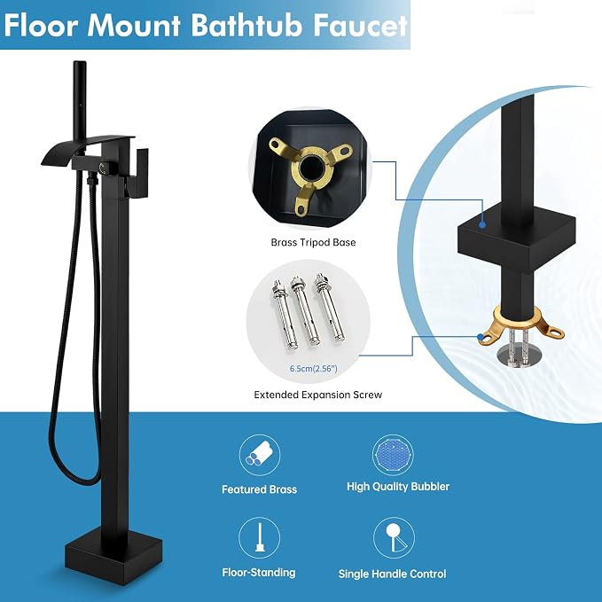 RUMOSE Tub Filler Freestanding Bathtub Faucet Matte Black Floor Mount Tub - Image 8