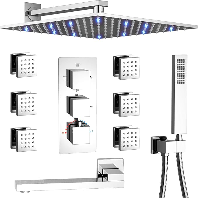 Thermostatic Shower System Chrome Shower Faucet Set 4 Way Bathtub Shower System by KATAIS