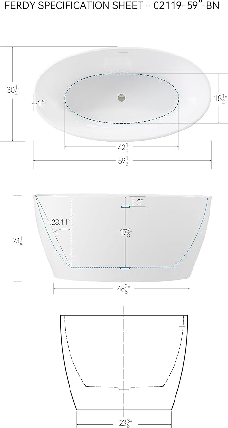 FerdY Tahiti 59" Acrylic Freestanding Bathtub, Elegant Oval Shape Bathtub - Image 7